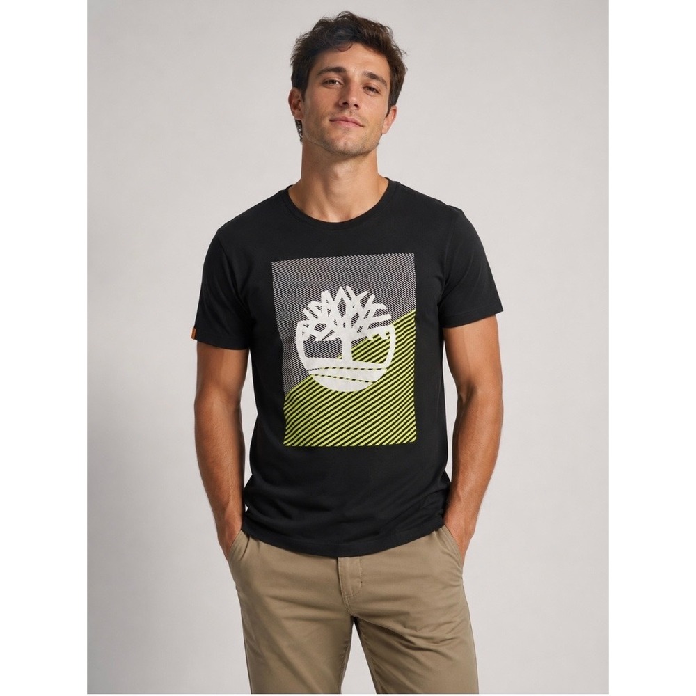 Timberland Mens XL Graphic Tree Logo T-Shirt Black Neon Yellow Organic Cotton